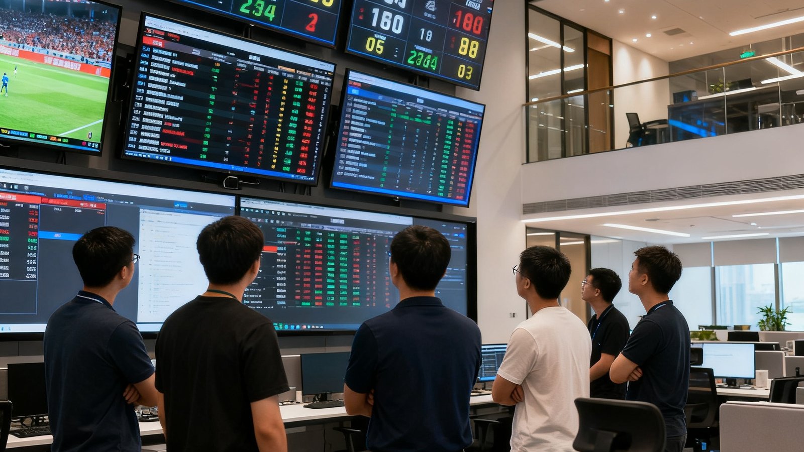 球探体育广州总部开放式办公区，技术团队在监控大屏幕前分析赛事数据，墙上悬挂多个屏幕显示实时比分