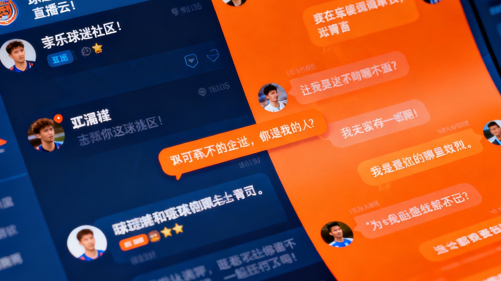 球迷社区互动界面展示，球迷们在比赛直播间聊天室中热烈讨论赛事，屏幕滚动显示实时评论